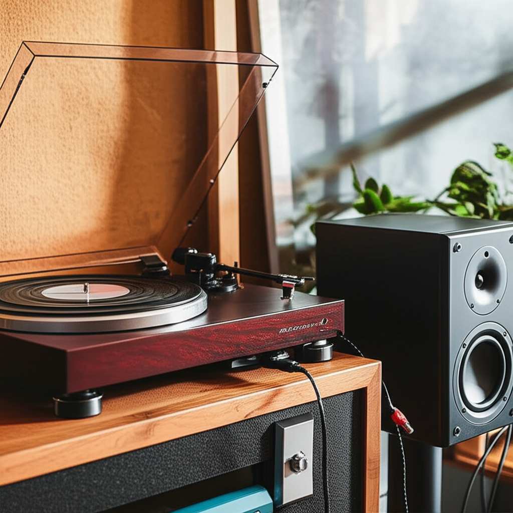 Generate a high-quality, relevant image prompt for an article about: How to Connect Record Player to