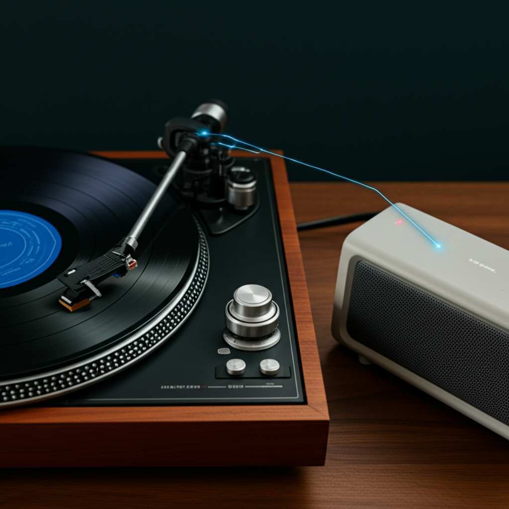 Generate a high-quality, relevant image prompt for an article about: Can Vintage Turntables Connect