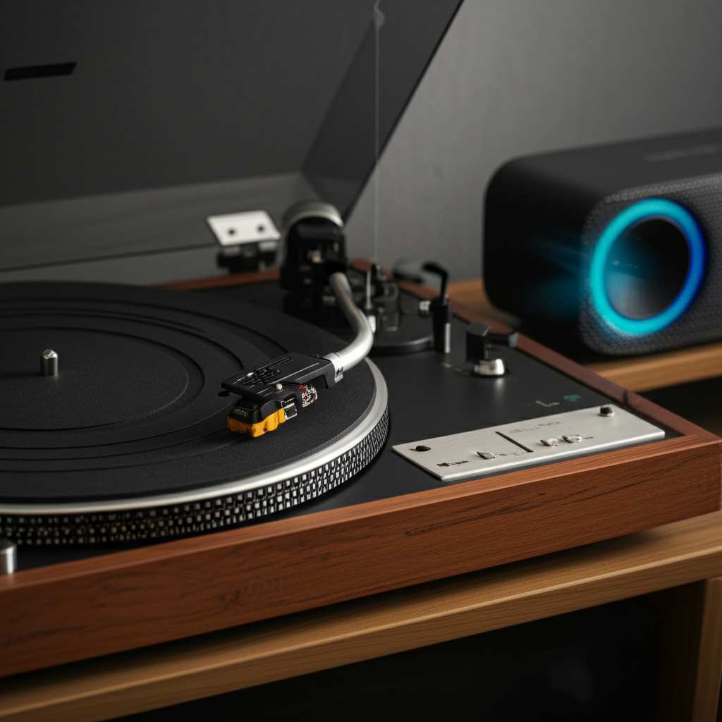 Generate a high-quality, relevant image prompt for an article about: Can Vintage Turntables Connect
