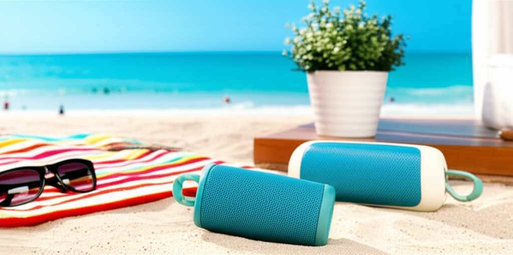 Generate a high-quality, relevant image prompt for an article about: Beach Bluetooth Speakers: Outdo