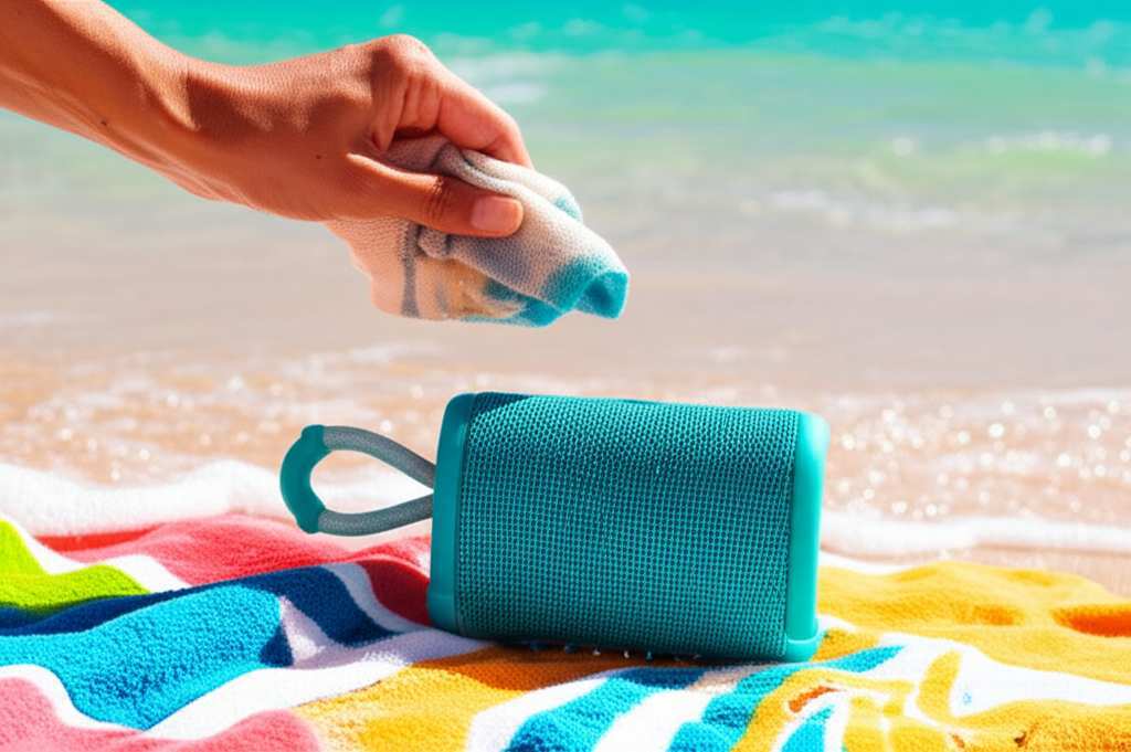 Generate a high-quality, relevant image prompt for an article about: How To Clean Waterproof Speaker