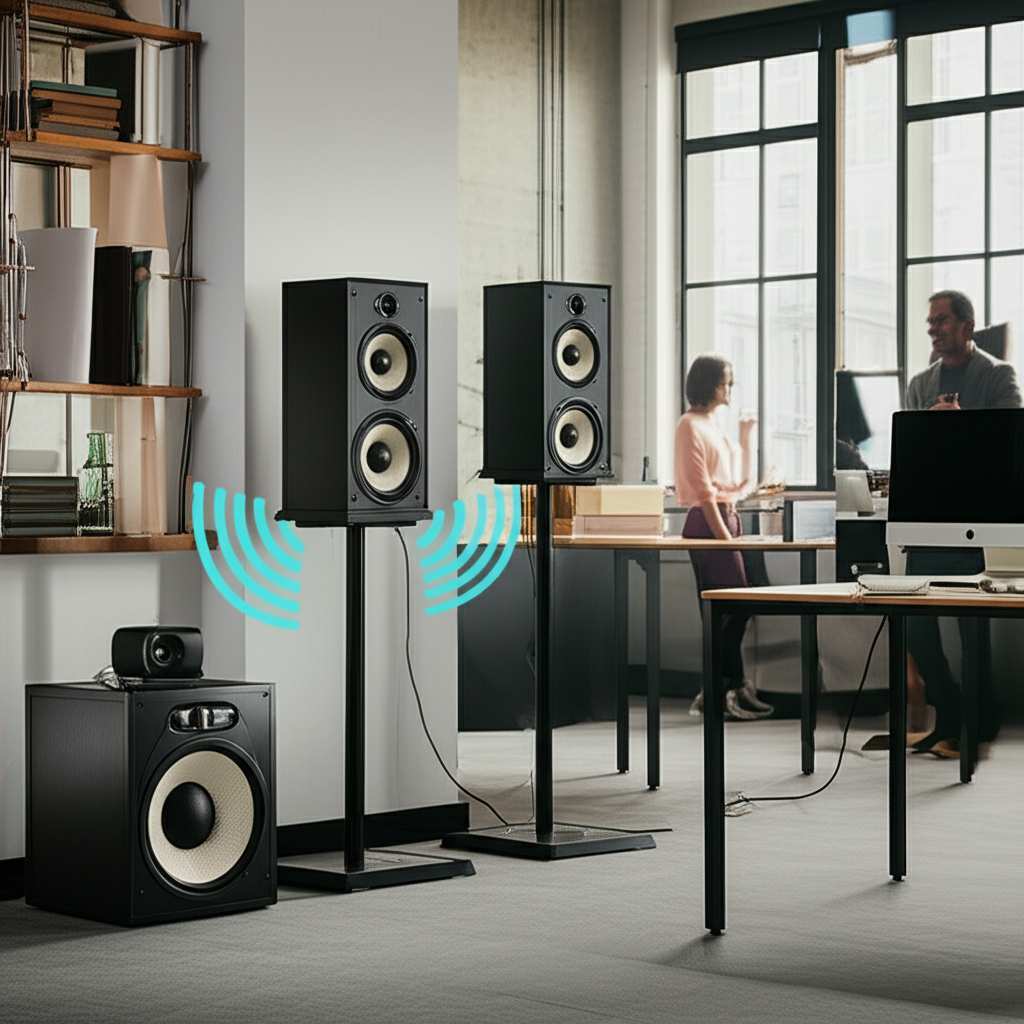Generate a high-quality, relevant image prompt for an article about: How To Position Speakers For Be