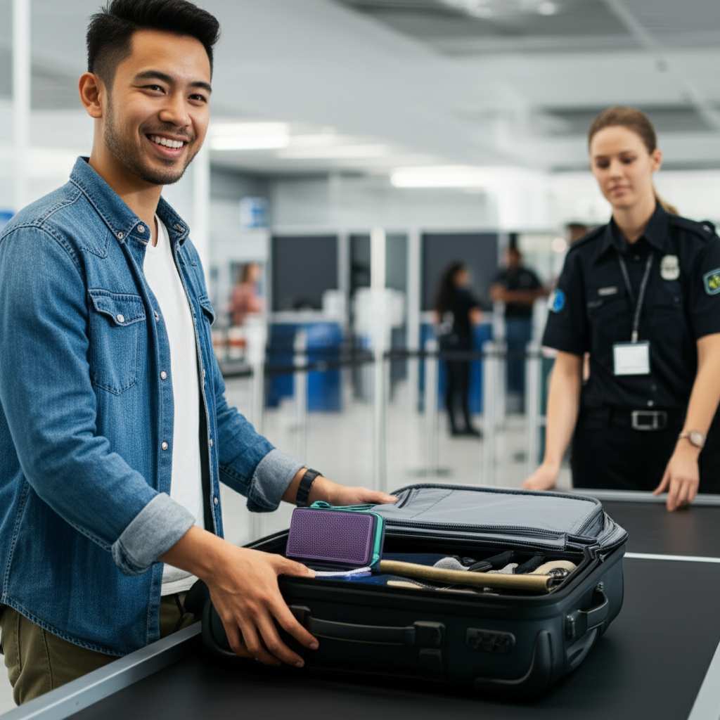 Generate a high-quality, relevant image prompt for an article about: Can You Fly With Bluetooth Spea