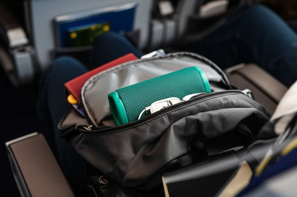 Generate a high-quality, relevant image prompt for an article about: Can You Bring Bluetooth Speaker