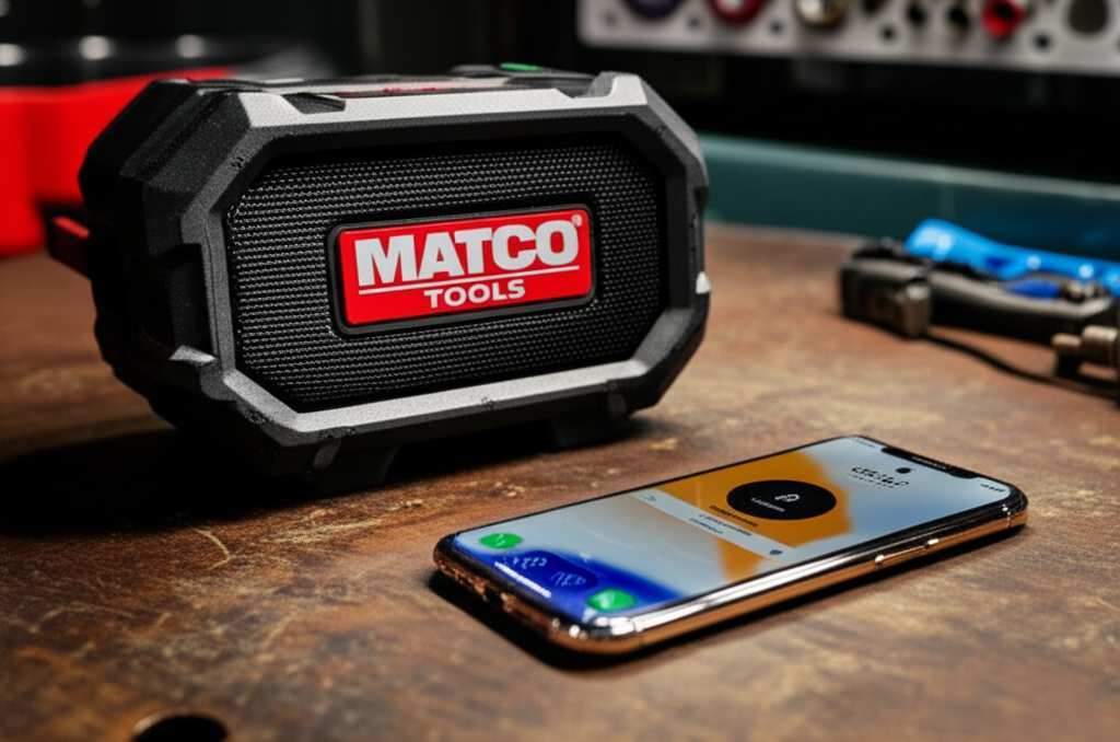 Generate a high-quality, relevant image prompt for an article about: Matco Tools Bluetooth Speaker: