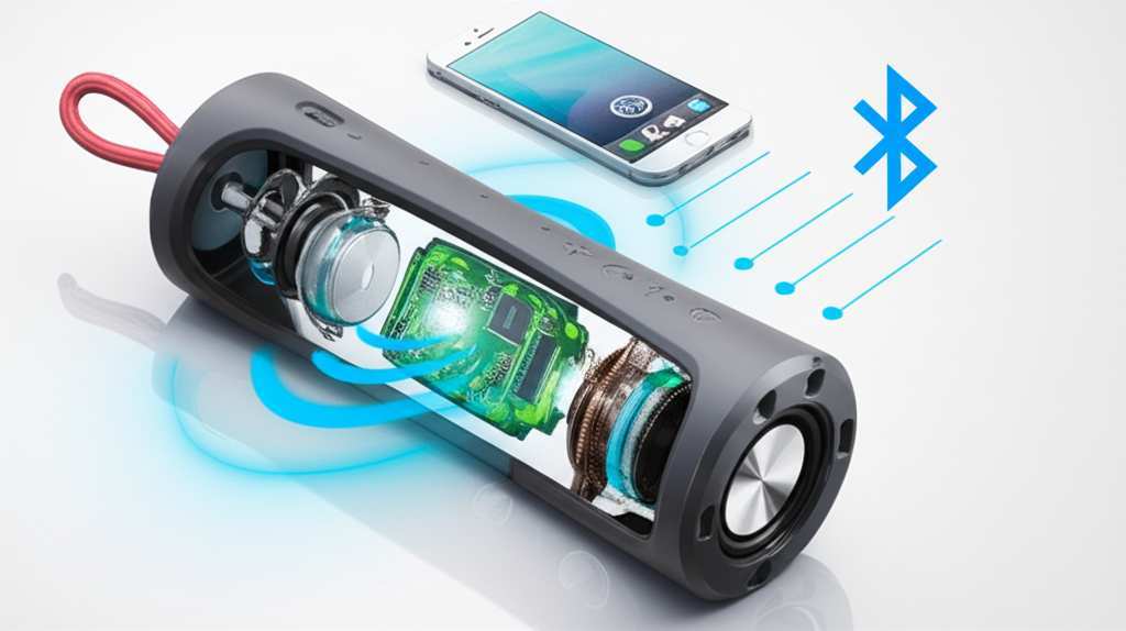 Generate a high-quality, relevant image prompt for an article about: Bluetooth Speaker Como Funciona