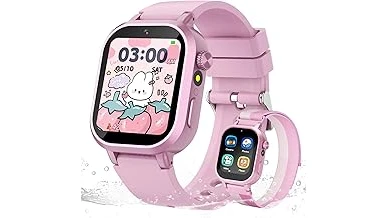 The image shows a child wearing a colourful smart watch, representative of top rated watches for nine-year-olds in the UK.