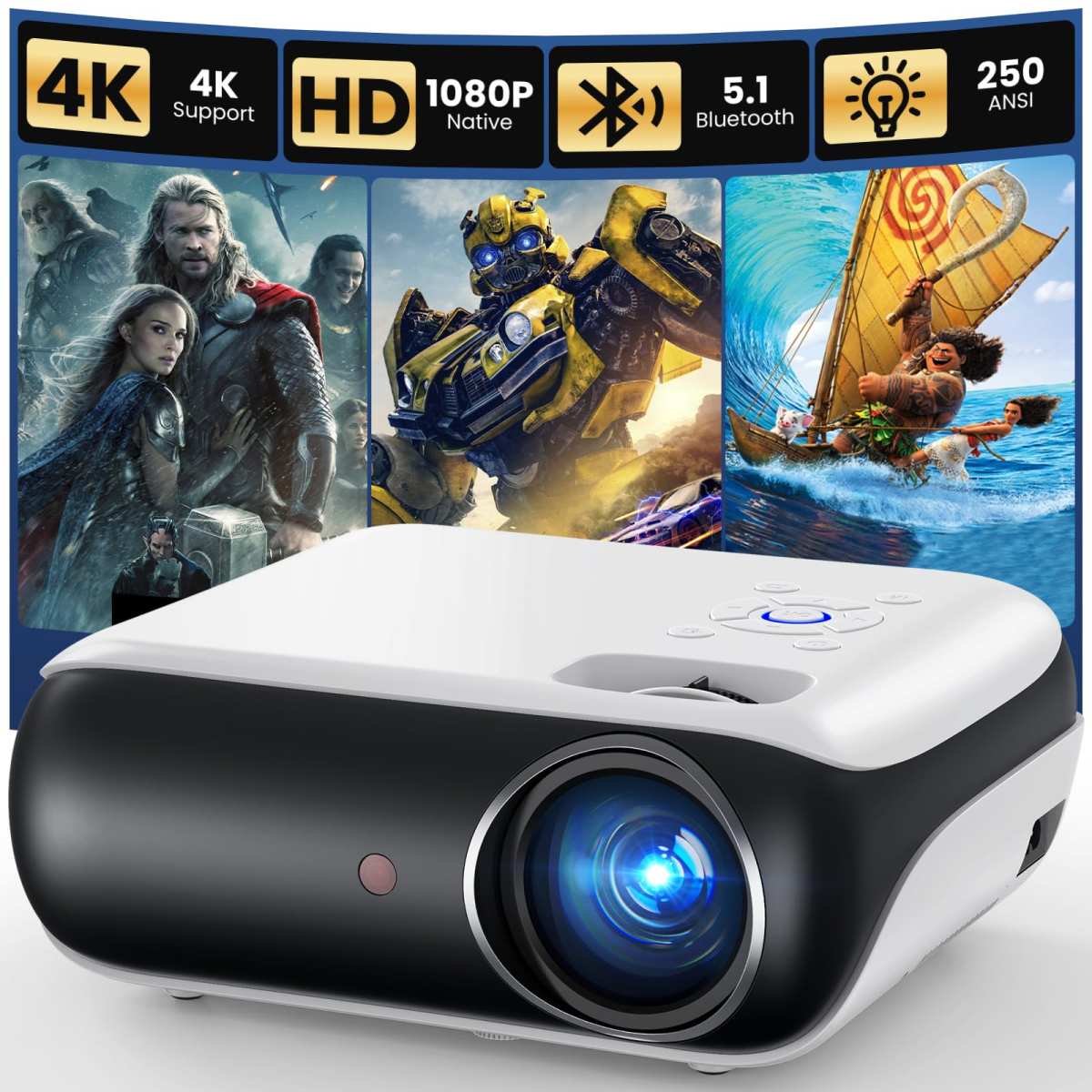 HAPPRUN Native 1080P Bluetooth Mini Projector, Full HD Portable Outdoor Movie Pr