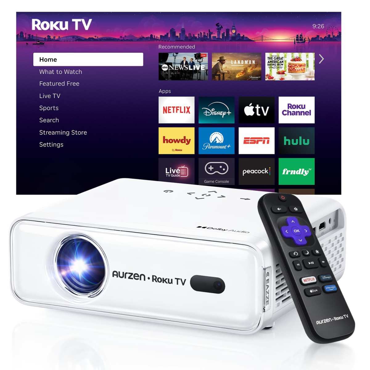 Aurzen Roku TV Smart Projector with Wifi and Bluetooth, Roku Streaming Experienc