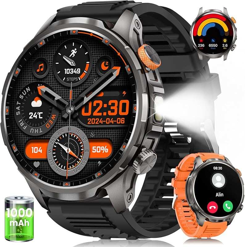 Rugged Military Smart Watch: 100-Day Battery, Flashlight, Heart Rate, 
