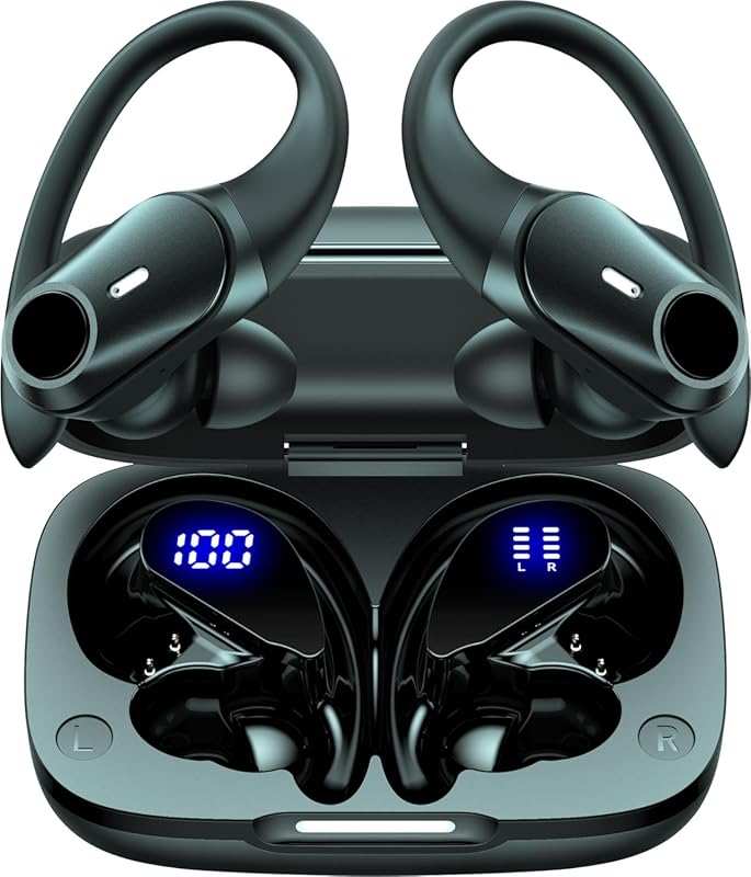 Black Wireless Earbuds with ANC, 80H Playtime, LED Display, Hi-Res Sou