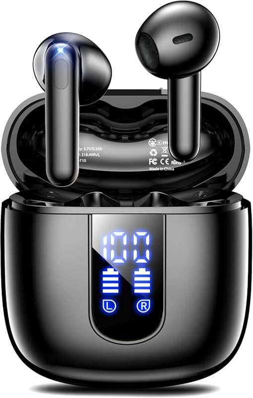 Black Wireless Bluetooth Earbuds: 48H Playback, Deep Bass Stereo, LED 